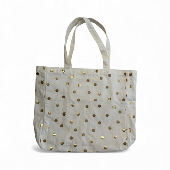 Kate Spade New York Canvas Book Tote/Color Gold Polka Dot Pattern/ Script Logo - Picture 2 of 10